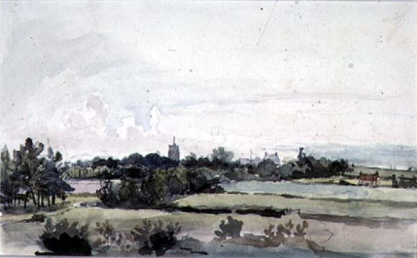 Suffolk Landscape, Fields with a belt of Trees, a Church Tower, Houses and a Windmill