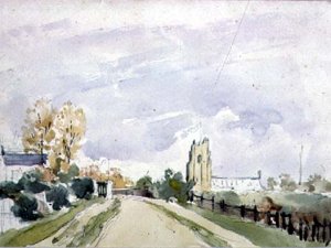 Suffolk Landscape, a wide Road with a small House, a Church and Trees