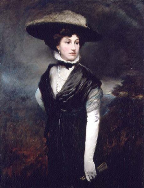 Portrait of a lady wearing a feathered hat and holding a fan