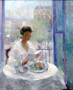 Lady reading at an open window