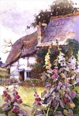 Hollyhocks Outside a Thatched Cottage