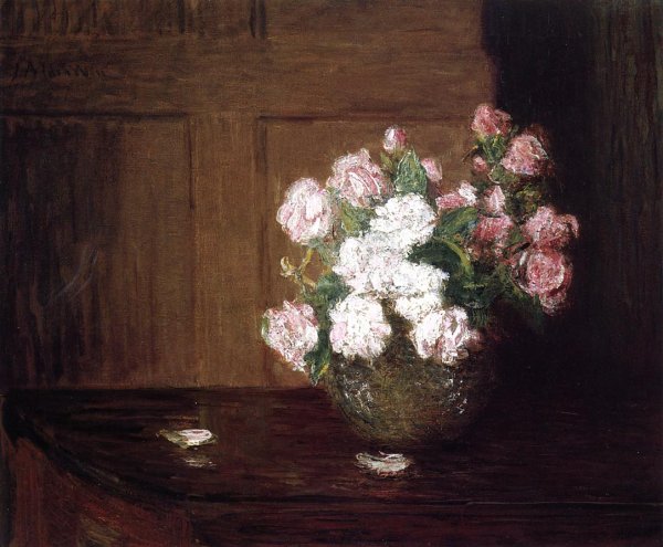 Roses In A Silver Bowl On A Mahogany Table