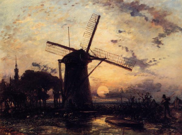 Boatman By A Windmill At Sundown