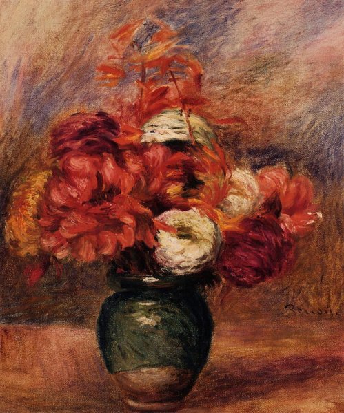 Flowers In A Green Vase Dahlilas And Asters