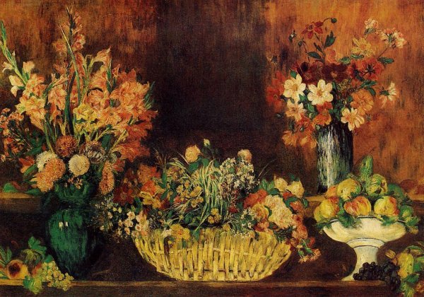 Vase Basket Of Flowers And Fruit