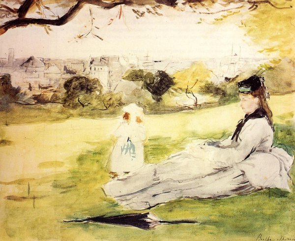 Woman And Child Seated In A Meadow