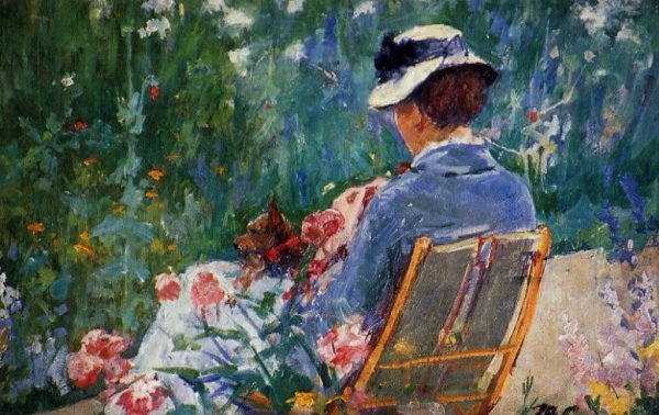 Lydia Seated In The Garden With A Dog In Her Lap