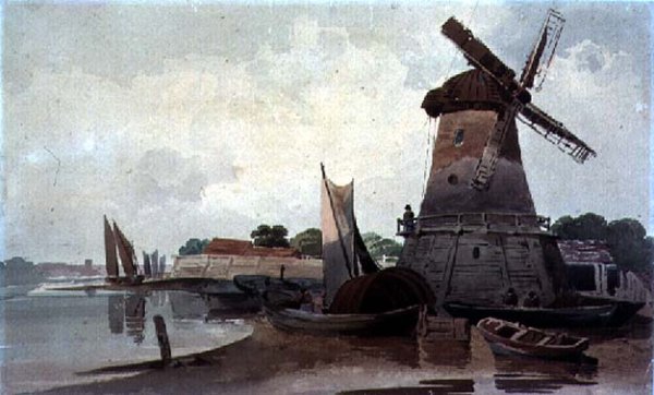 View on the Thames, with Windmill and Boats