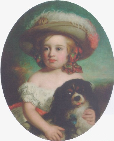 Portrait of a young girl, in a white dress and a plumed hat, with a spaniel 1870