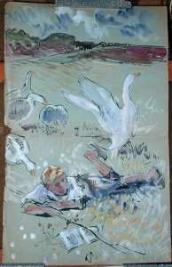 Nils guarding the geese, illustration from The Wonderful Adventures of Nils by Selma Lagerlof 1858-1940 c.1920-30