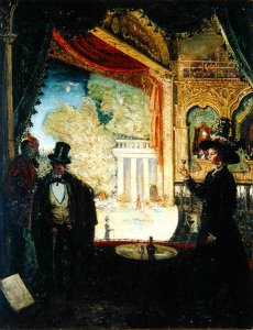 A Scene in a Theatre A Performance Seen from a Box in which Three figures are Standing