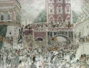 Scenery sketches for Musorgskys opera Boris Godunov depicting the Novodevichy Monastery