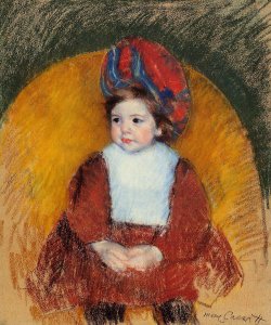 Margot In A Dark Red Costume Seated On A Round Backed Chair