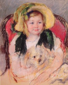 Sara With Her Dog  In An Armchair  Wearing A Bonnet With A Plum Ornament