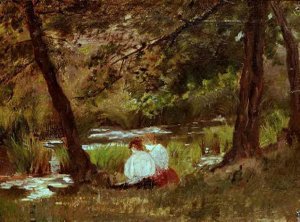 Two Women Seated By A Woodland Stream